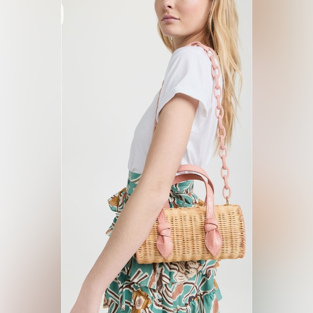 Pink Straw Shoulder Bag with Pink Chain Handles - Picture 2 of 14